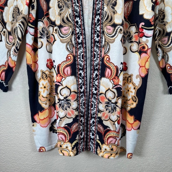 Chicos 2 Linen Blend Floral Fringe Long Cardigan Women's US L Lagenlook Boho - Picture 7 of 16